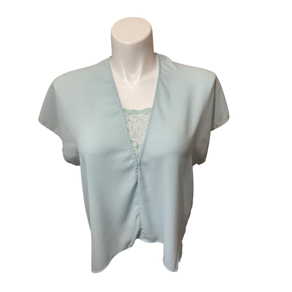 Harper Lace Inset Top - Mint Green V-Neck Short Dolman Sleeve Blouse Size S